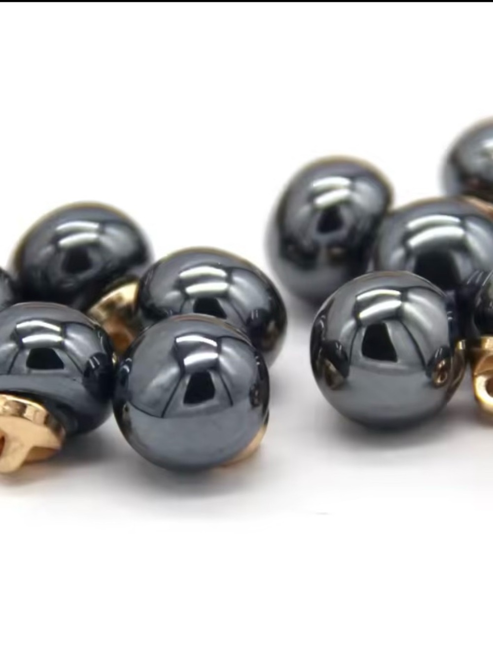 10, 10mm Gunmetal Gray Faux Pearl Buttons Gold Shank Mini Round Craft Sewing